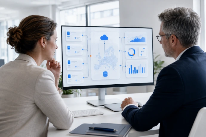 IT-professionals analyseren een modulaire Europese cloud- en dataarchitectuur